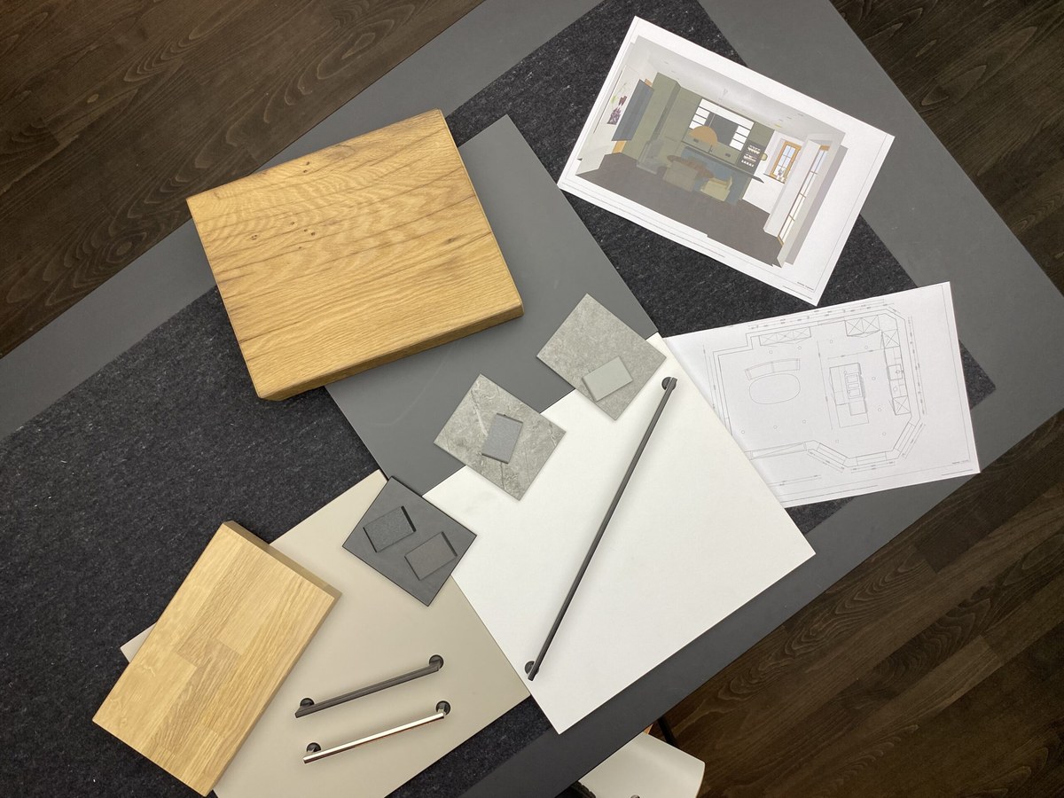 Materialmuster, Grundriss und Visualisierung eines AC Immobilien Projekts